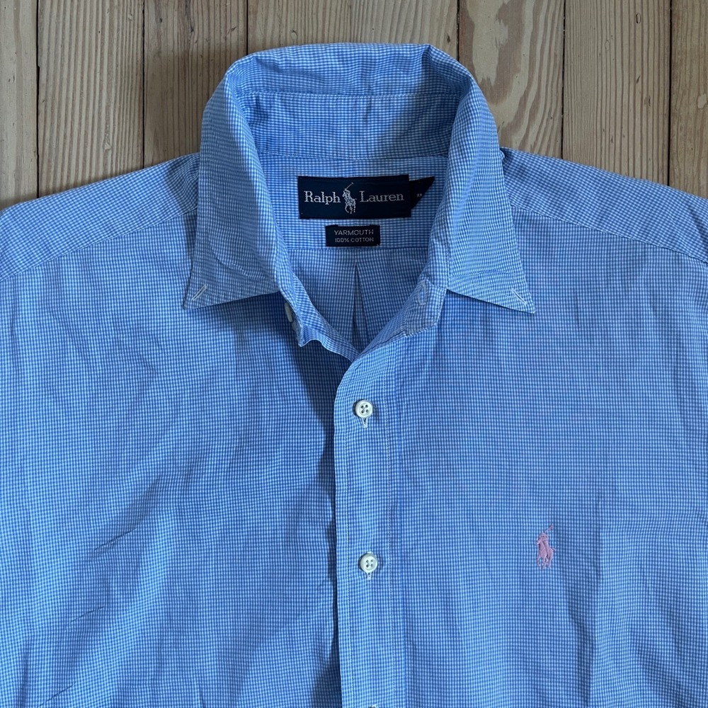 Ralph Lauren Yarmouth Men's Blue Gingham Button‎ Down Shirt Long Sleeve 15 32/33